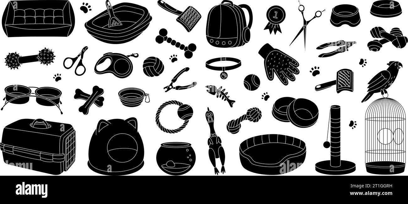PET-Zubehörset. Sortiment für Haustierzubehör. Schlafkissen, Ballspielzeug, Medaille, Schere, Nagelschneider, Bürste, Fellentferner, Aquarium, Rucksackträger Stock Vektor