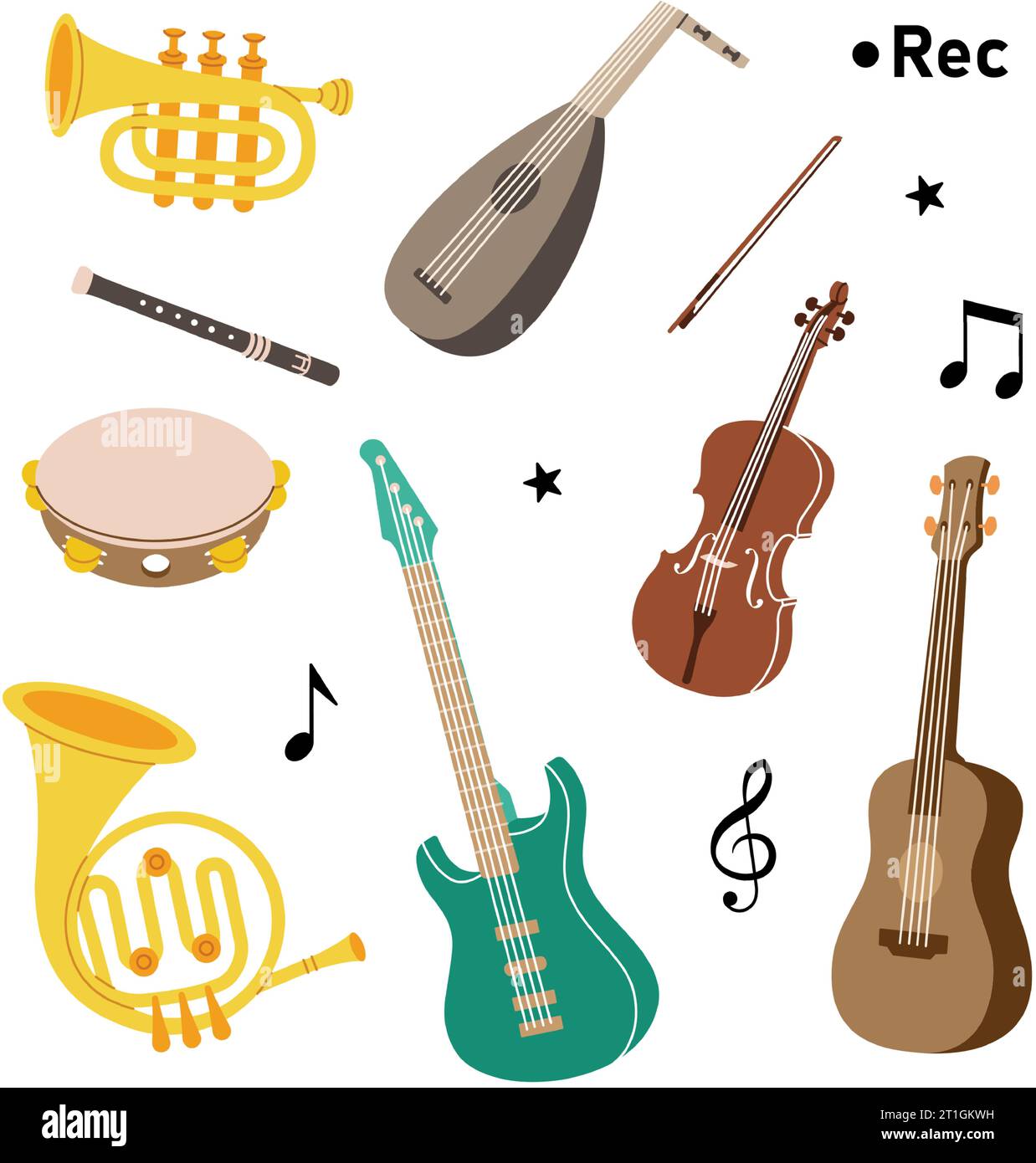 Satz von Musikinstrumenten. Tuba, Trompete, Trommelflöte, Horn, Laute, Violine, E-Bass, Akustikgitarre. Vektorabbildung. Stock Vektor