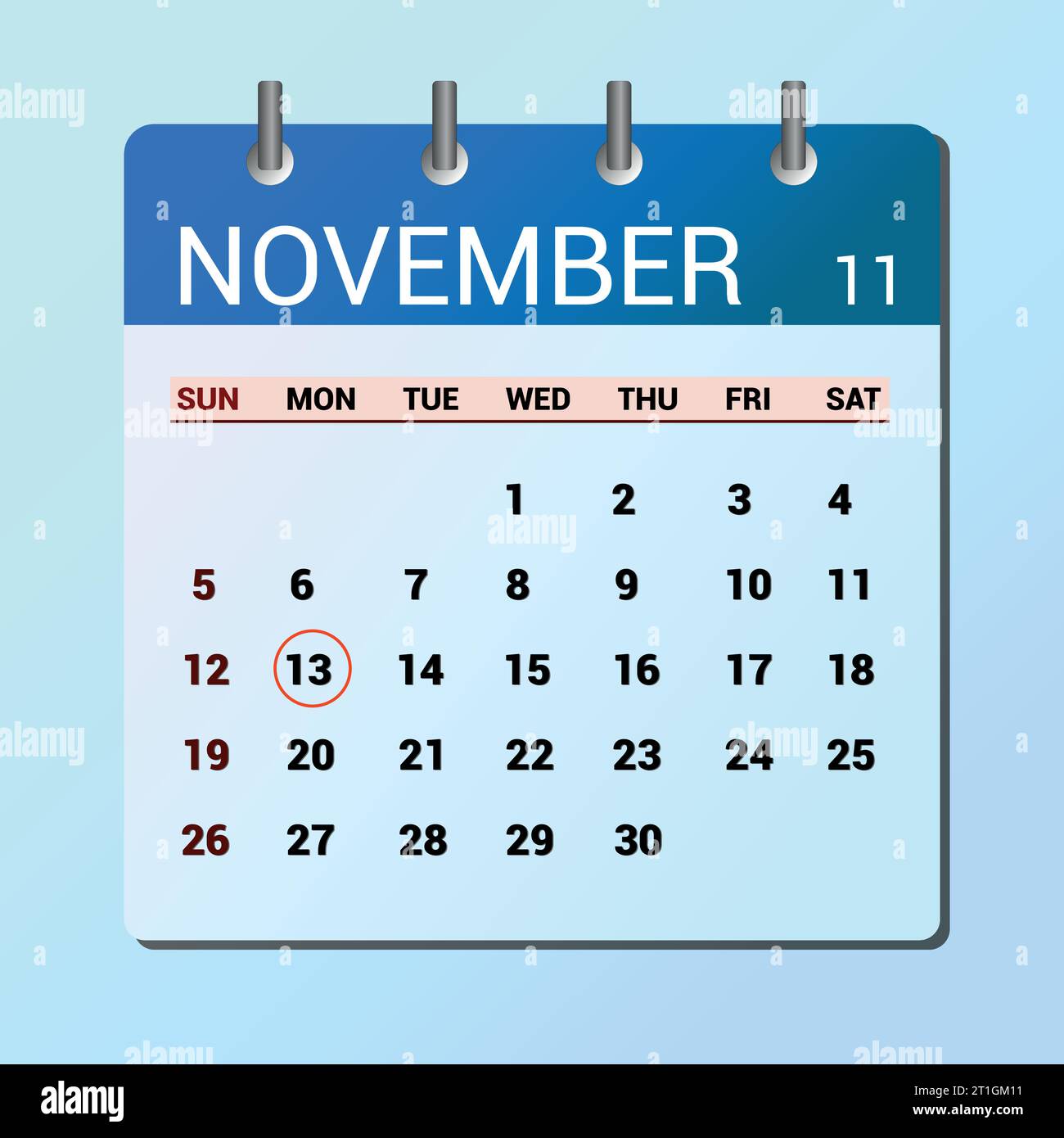 November: Kalender mit flachen Symbolen auf blauem Hintergrund isoliert. Vektorillustration für Datum und Monat Stock Vektor