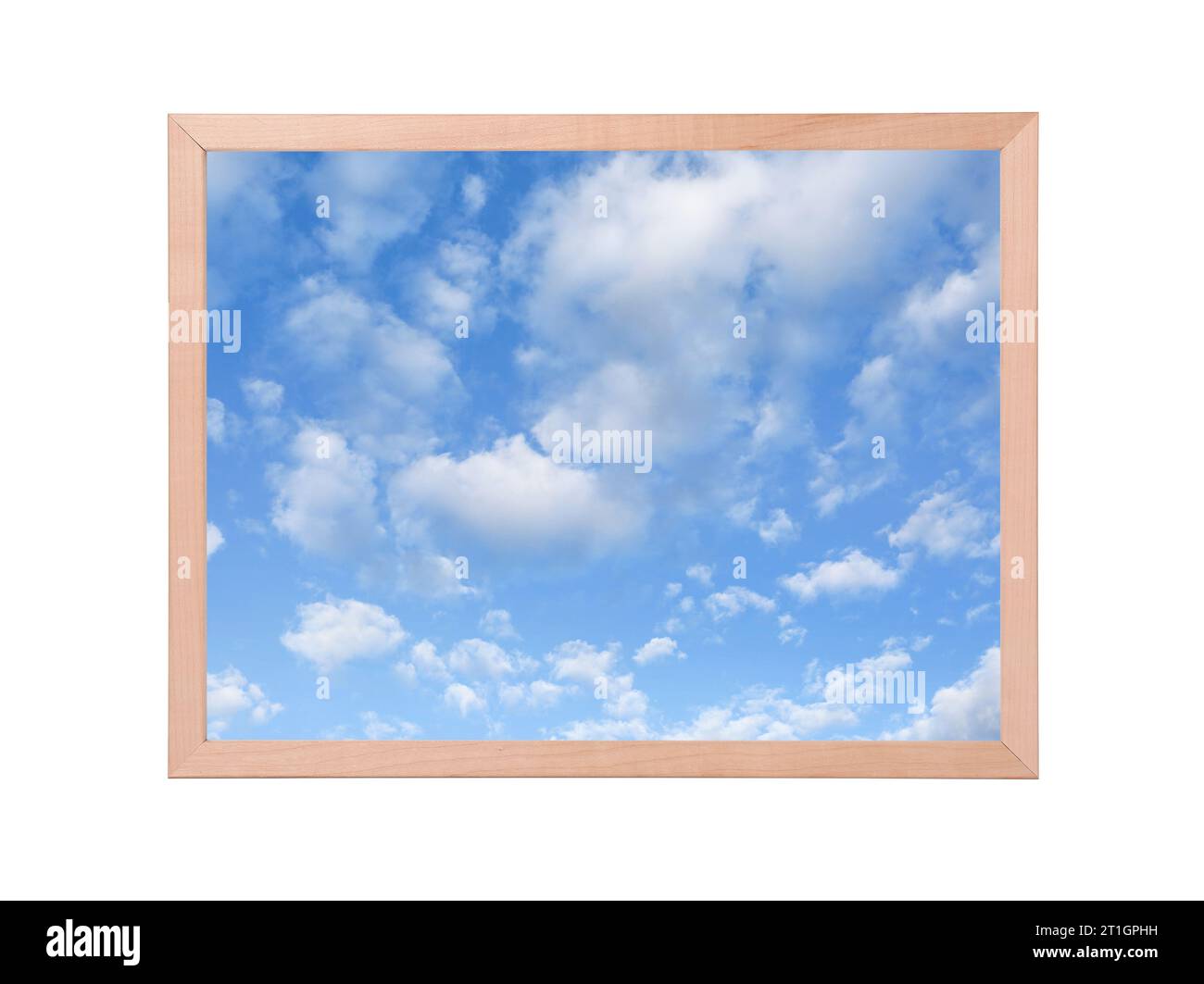 Holzrahmen mit Foto von wunderschönem Himmel und Wolken isoliert auf weiß Stockfoto