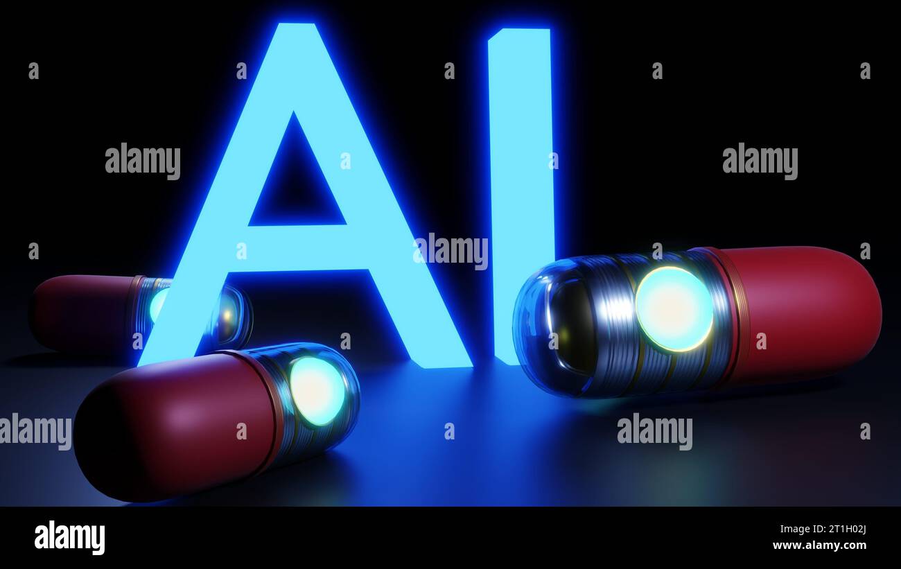 Künstliche Intelligenz oder KI-Technologie mit Robotermaschinendrogenkapsel im 3D-Rendering mit schwarzem Hintergrund Stockfoto