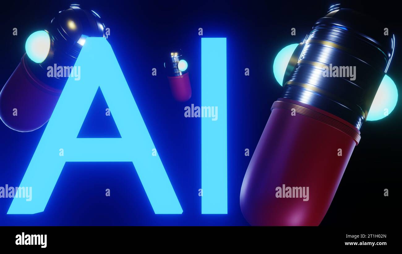 Künstliche Intelligenz oder KI-Technologie mit Robotermaschinendrogenkapsel im 3D-Rendering mit schwarzem Hintergrund Stockfoto