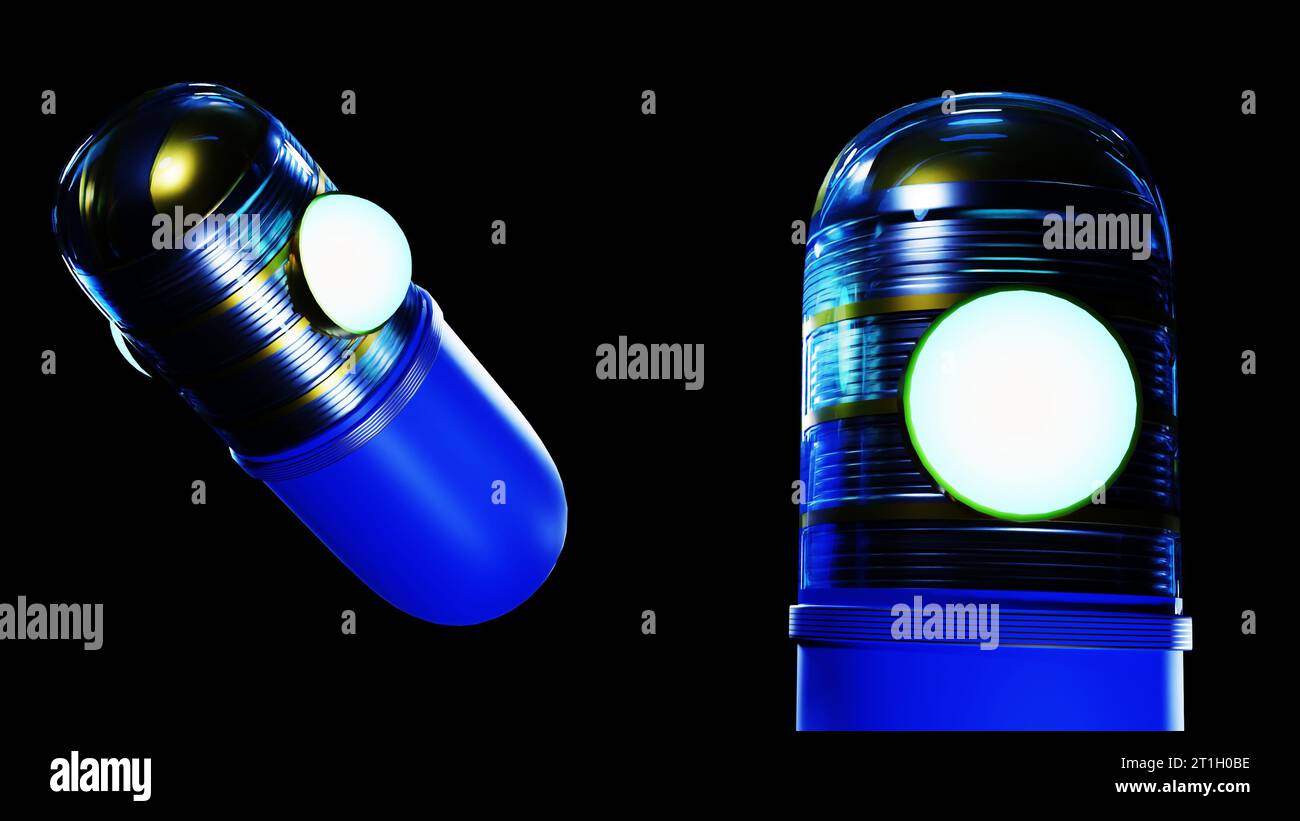 Isolierte Robotermaschinenkapsel im 3D-Rendering mit schwarzem Hintergrund Stockfoto