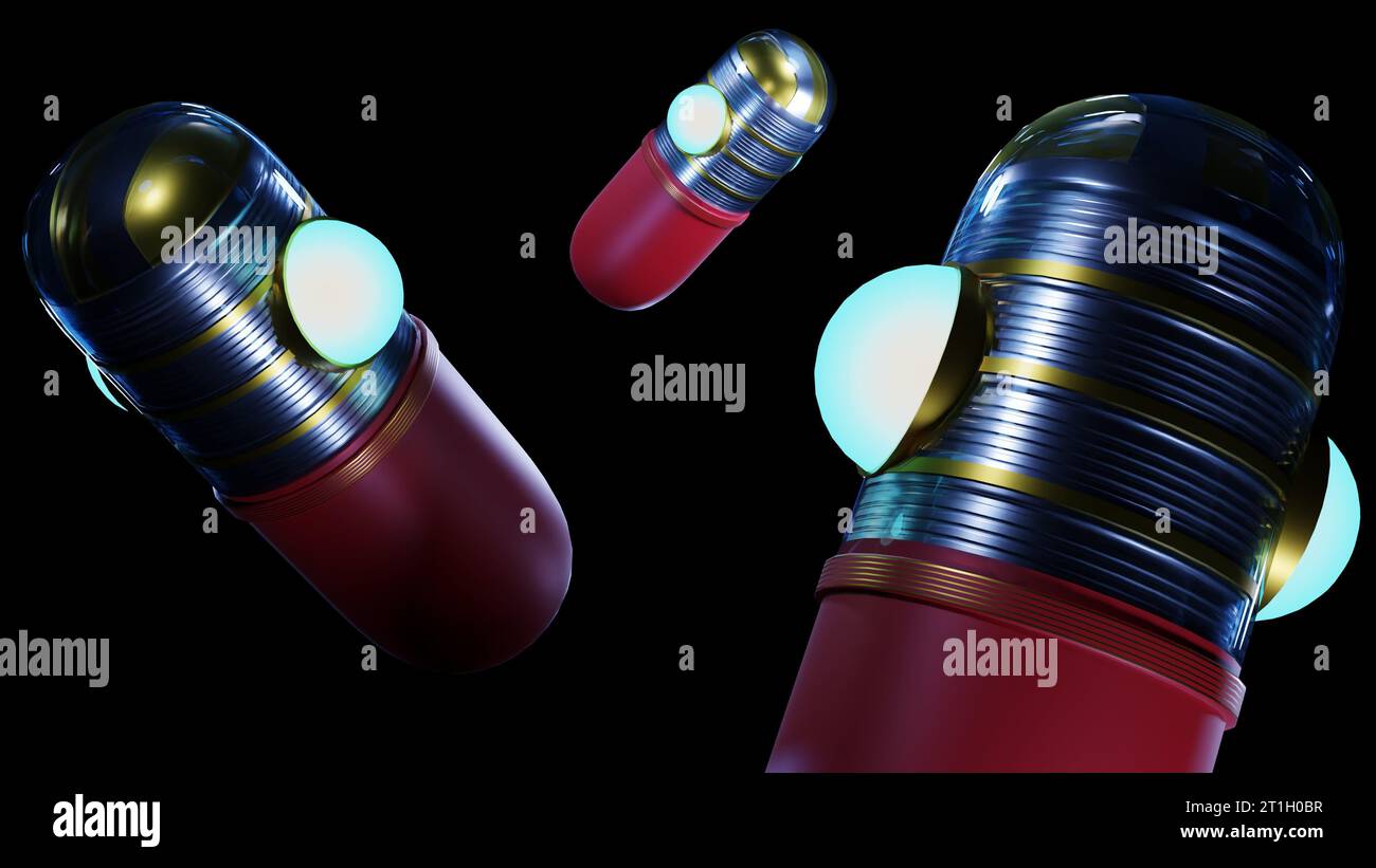 Isolierte Robotermaschinenkapsel im 3D-Rendering mit schwarzem Hintergrund Stockfoto
