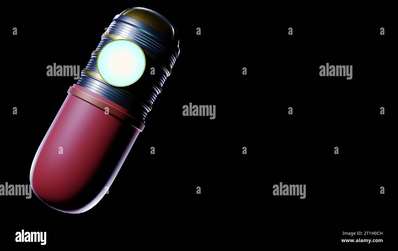 Isolierte Robotermaschinenkapsel im 3D-Rendering mit schwarzem Hintergrund Stockfoto