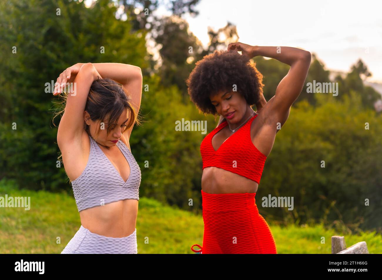 Weißes blondes Mädchen und dunkelhäutiges Mädchen mit Afro-Haar, das sich streckt, bevor es im Park Sport gibt. Gesundes Leben, Fitness, Fitness Mädchen Stockfoto