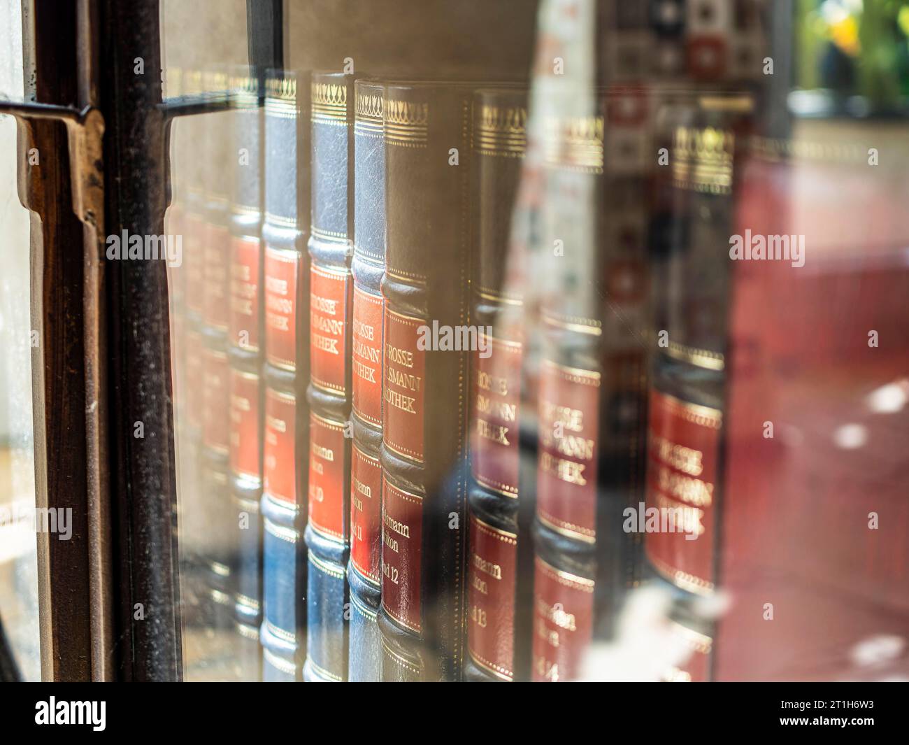 Bücher und Enzyklopädien im alten Glaskasten Stockfoto