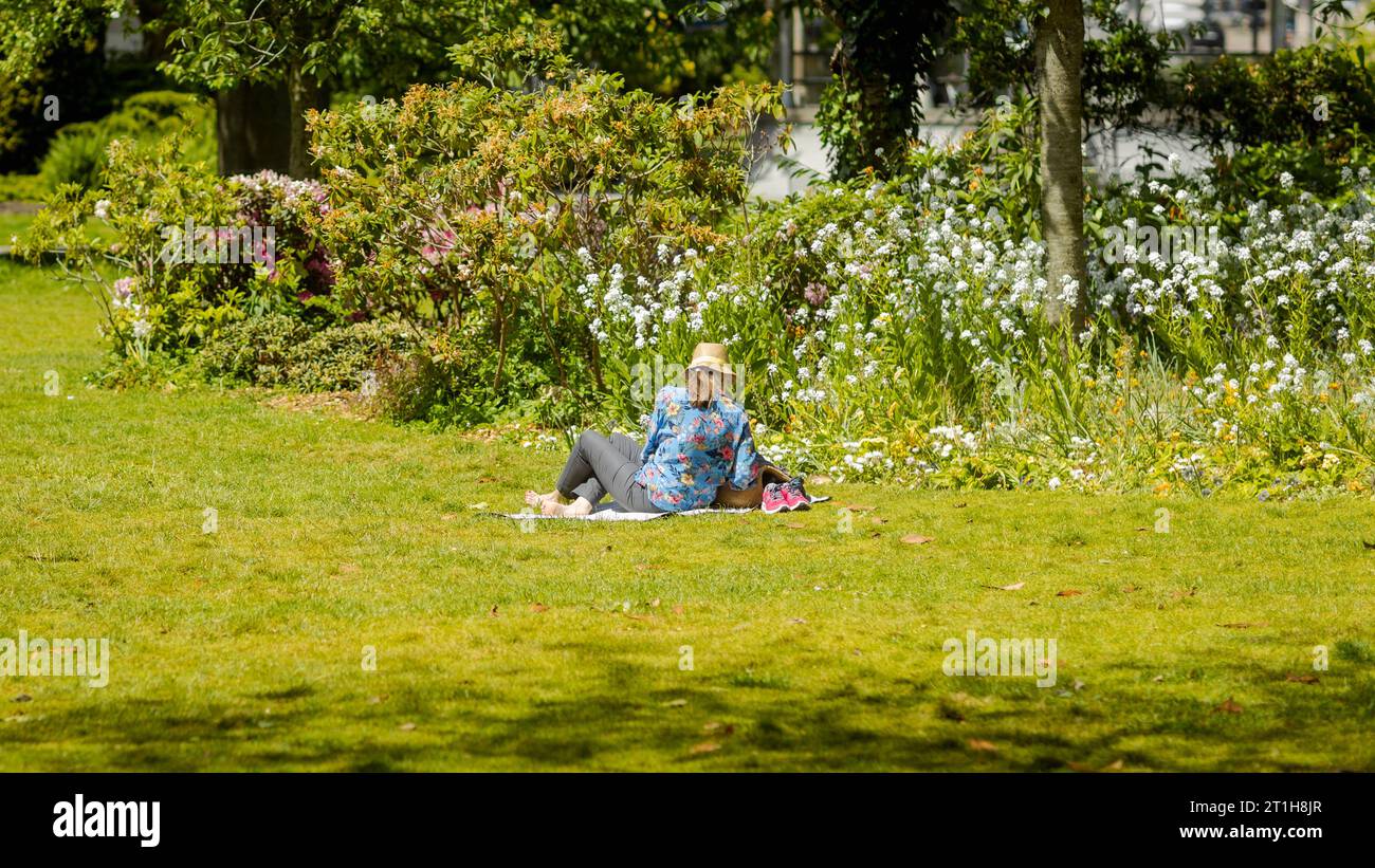 Rückansicht einer anonymen Frau, die im Frühling in einem Park sitzt. Stockfoto