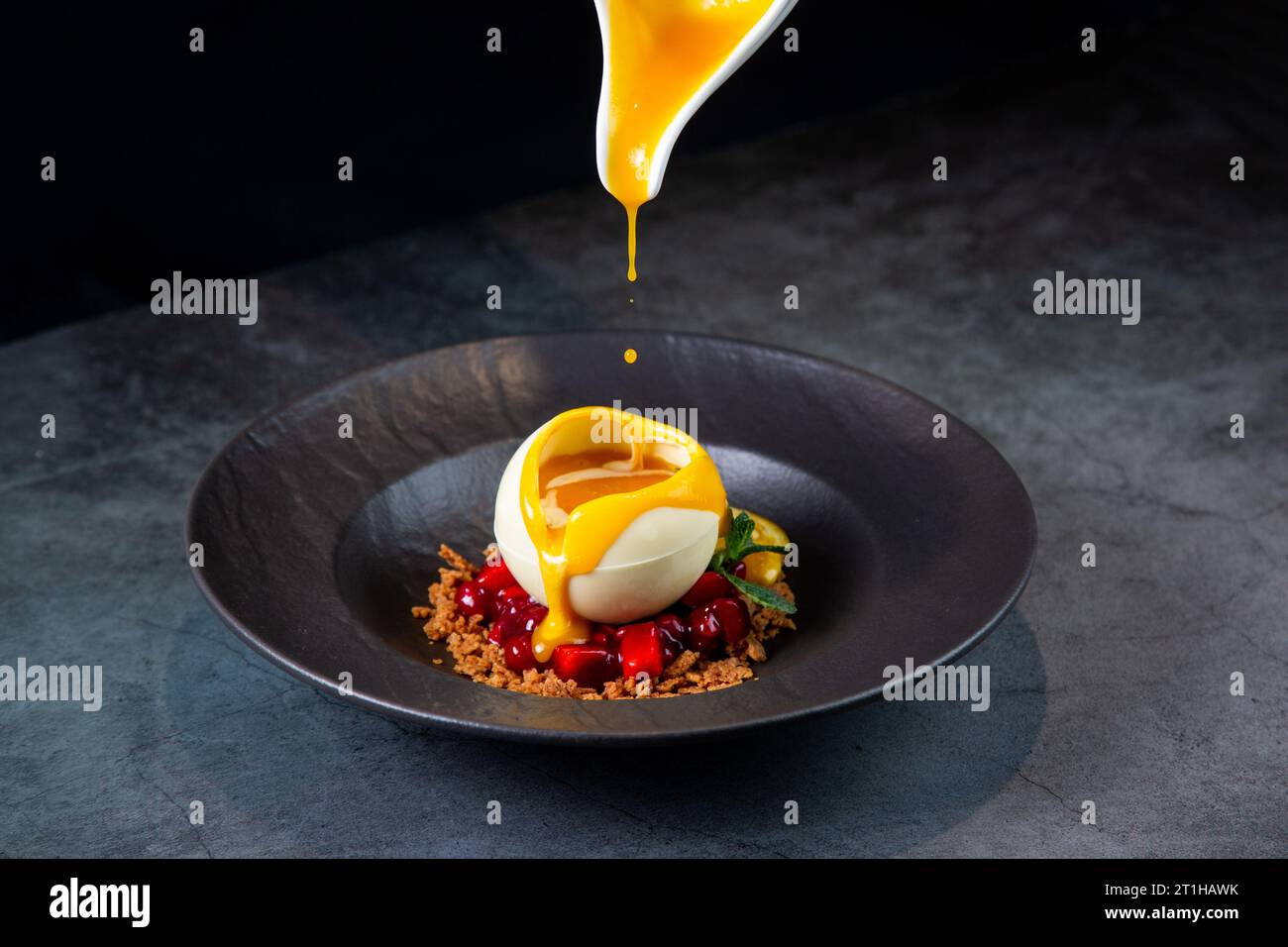 Das einzigartige gefrorene tropische Dessert auf dunklem Hintergrund Stockfoto