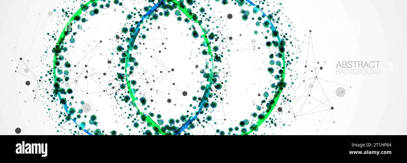 Abstrakter Vektorhintergrund, wissenschaftliche Richtung, mit grünen Kreisen und chaotischen Flecken darauf. Stock Vektor