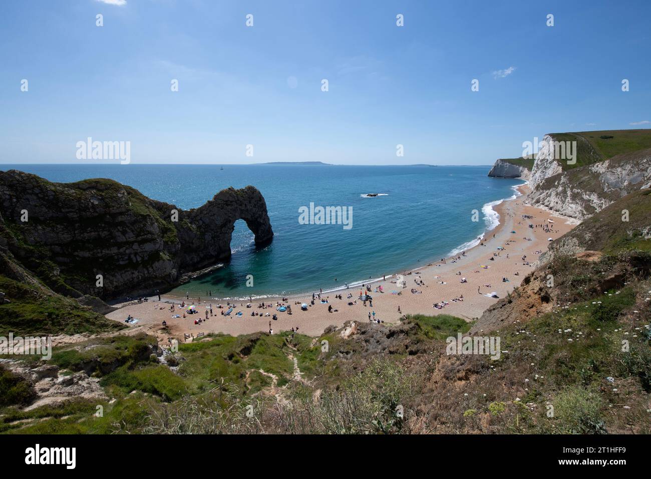Durdle Door Kalksteinbogen und Strand, in der Nähe von Lulworth Cove, Dorset, England, Großbritannien Stockfoto