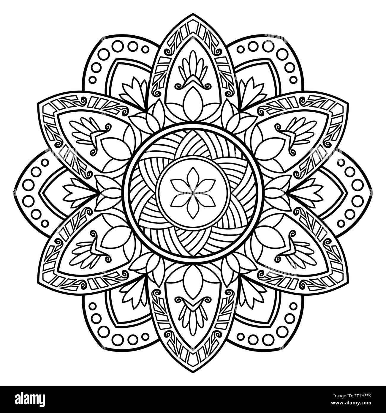 Altes Kunst-Mandala-Muster mit schwarzer Umrandung auf weißem Hintergrund Stock Vektor