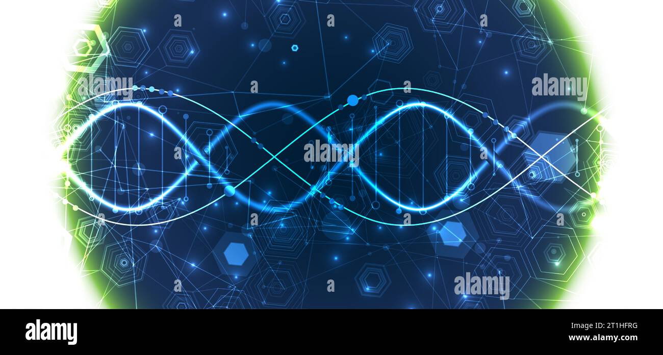 Leuchtende Neon-DNA-Kette. Biotechnologie, Biochemie, Wissenschaft, Medizinkonzept. Vorlage für genetische Engeneering. Stock Vektor