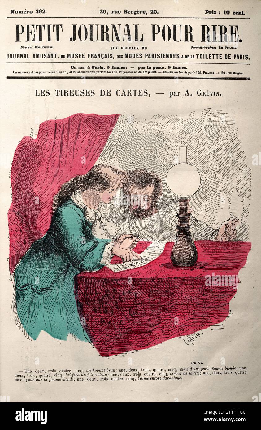 Petit Journal pour rire, Vintage French Cartoon, Mann, der sein Vermögen in den Karten lesen lässt, viktorianische 1860er Jahre Stockfoto