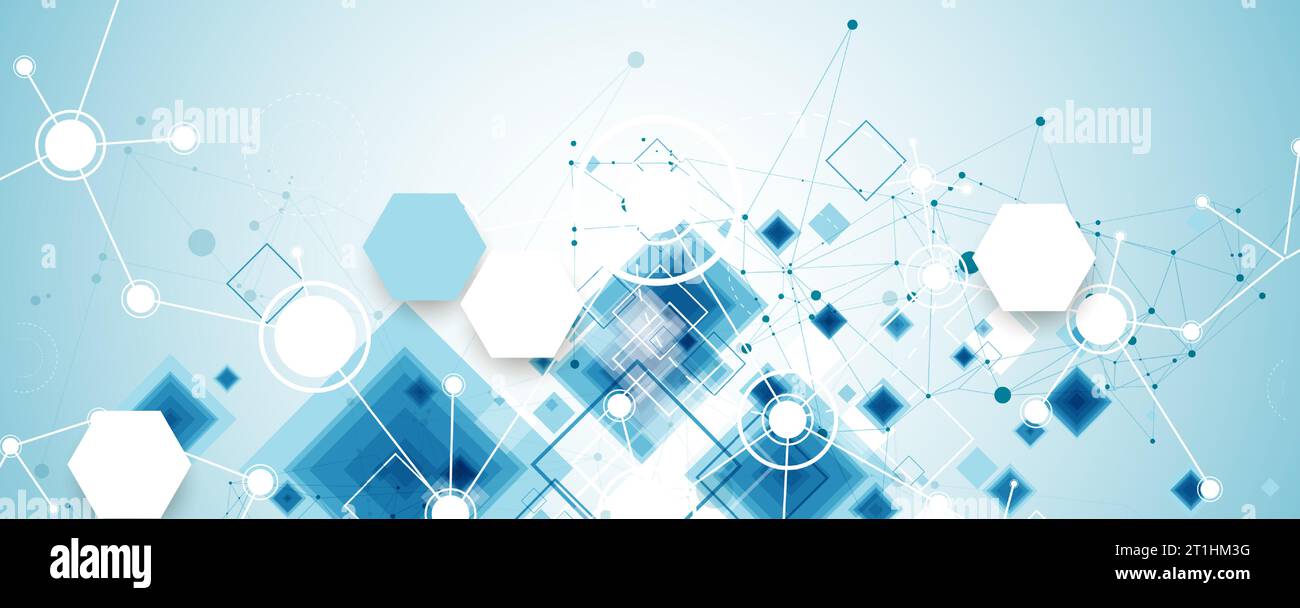 Vorlage für die Präsentation von Wissenschaft und Technologie. Hintergrund im Plexusstil. Stock Vektor