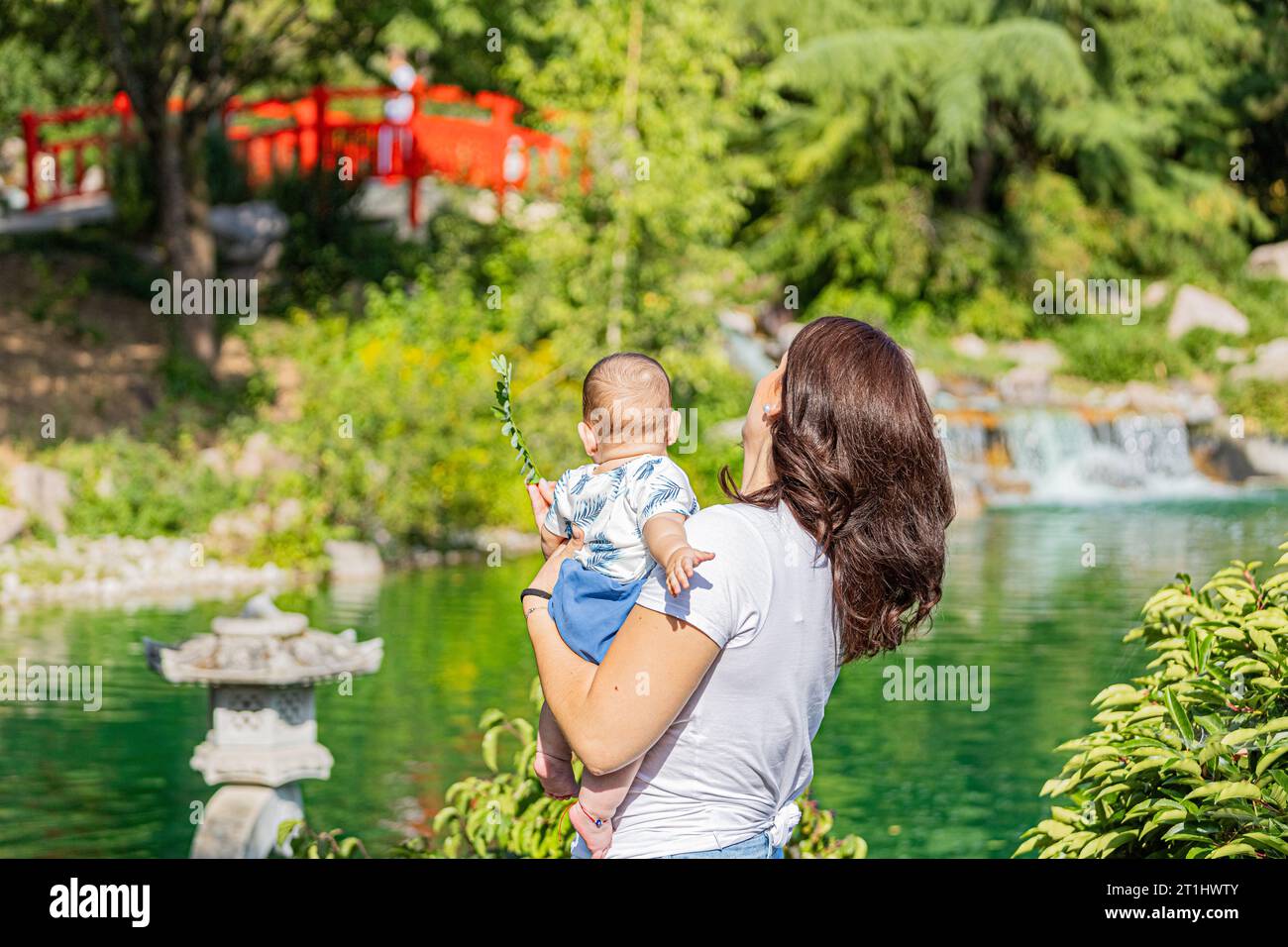 Der japanische Garten in Dijon mit einer Familie, Frau mit einem Baby, die auf die japanische Brücke blickt. Le jardin japonais à Dijon en famille, femme avec un béb Stockfoto