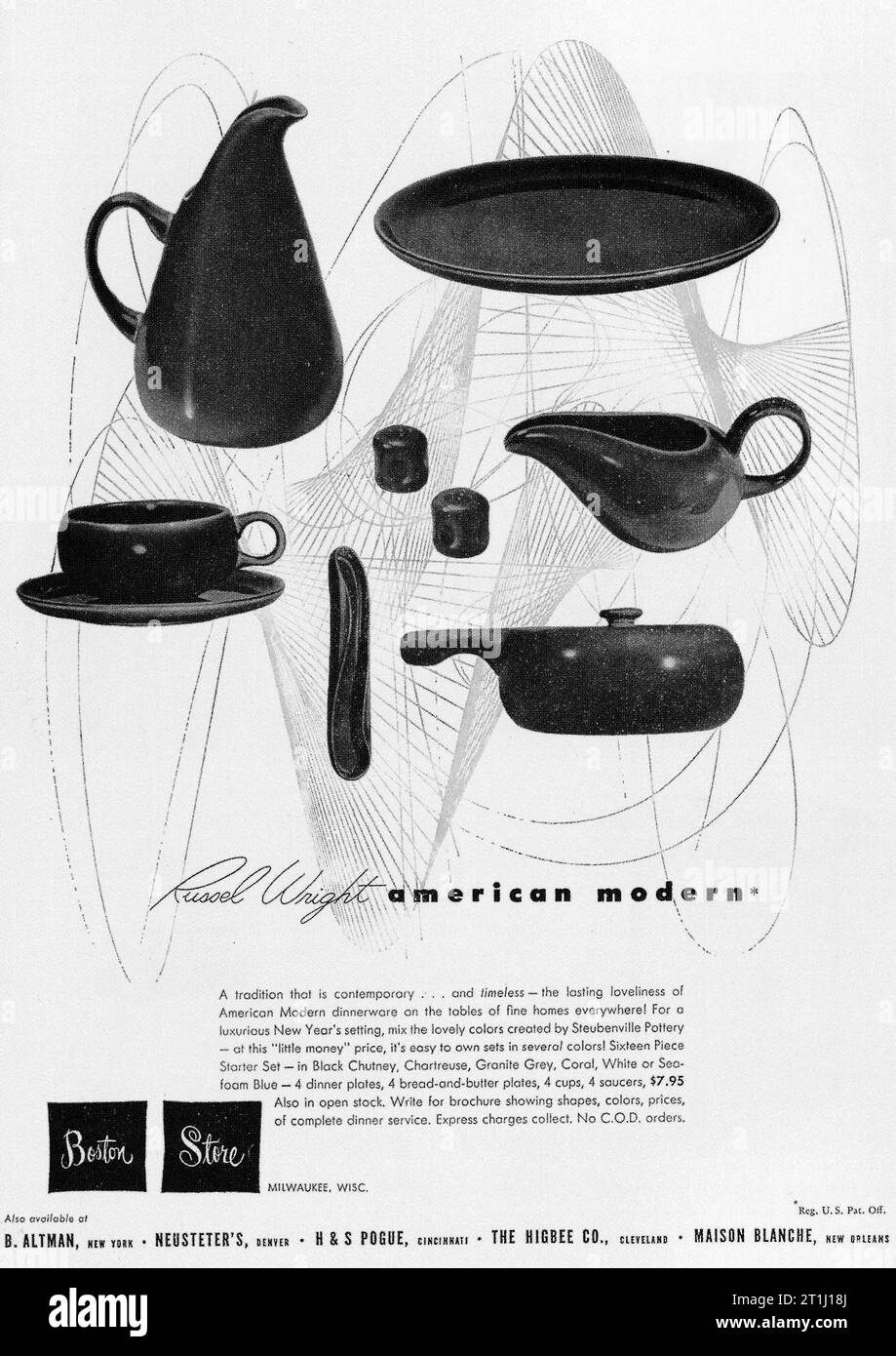1951 RUSSEL WRIGHT AMERIKANISCHES MODERNES GESCHIRR BOSTON STORE AD Stockfoto