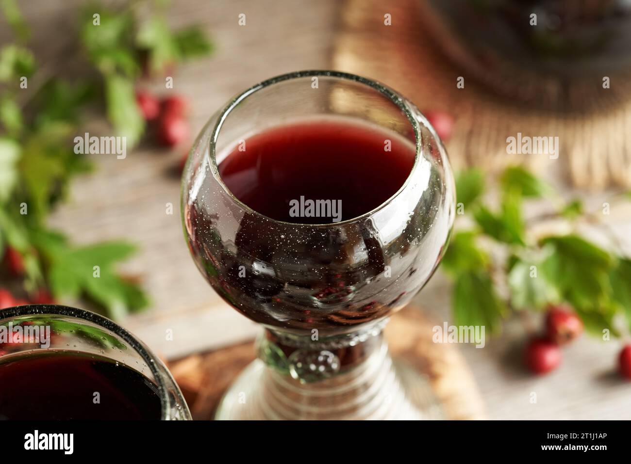 Nahaufnahme von Heilwein aus frischen Weißdornbeeren in einem Becher aus sogenanntem Waldglas voller Luftblasen Stockfoto