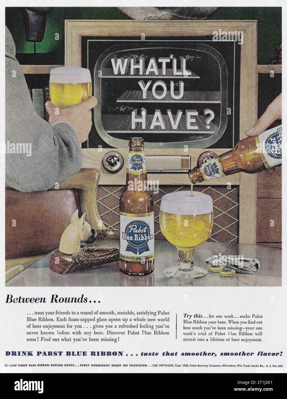 1953 Pabst Blue Ribbon Beer Ad. „Was haben Sie?“ Stockfoto