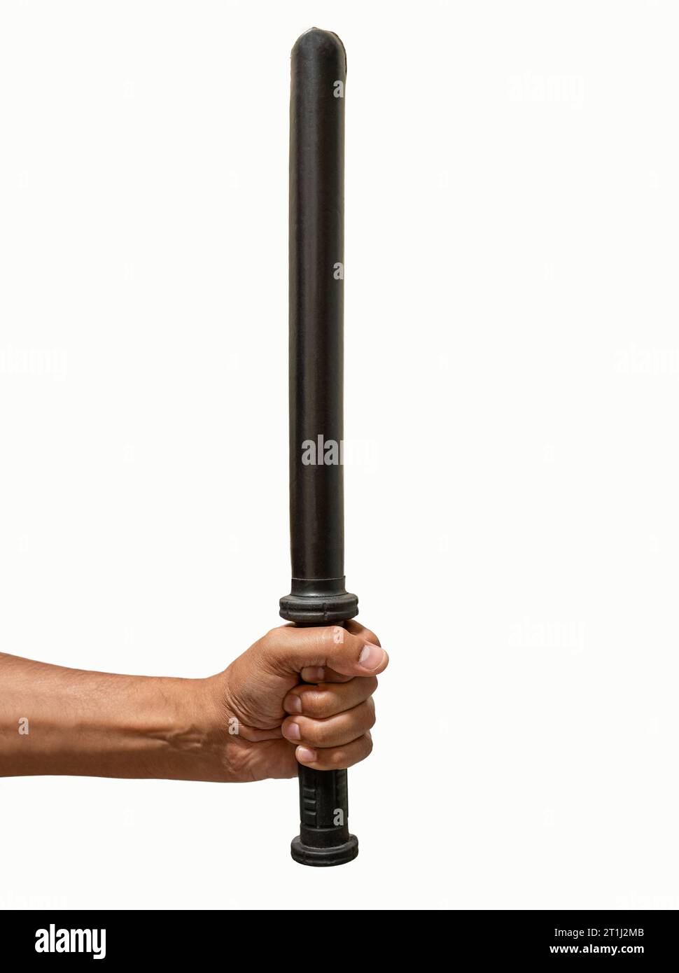 Hand mit schwarzem Gummistab isoliert auf weißem Hintergrund. Stockfoto