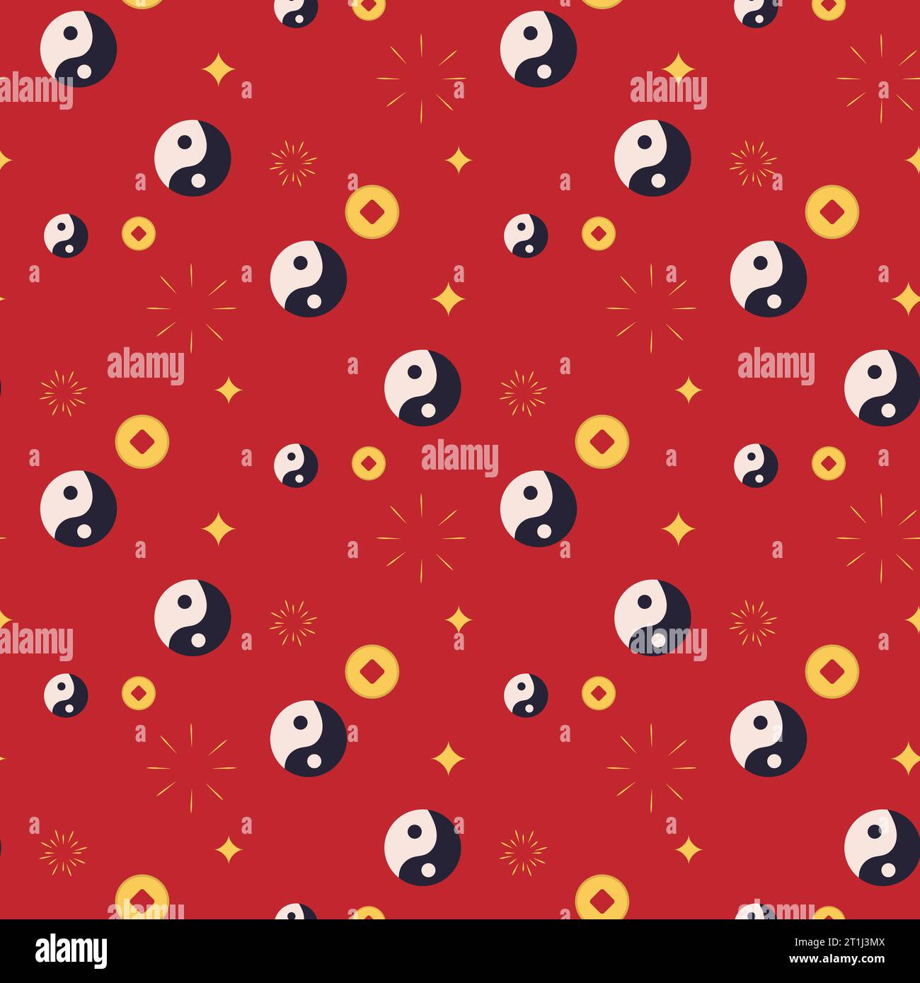 Nahtloses Yin Yang-Muster und chinesische Goldmünzen. Vektor-Zeichentrick-Illustration Stock Vektor