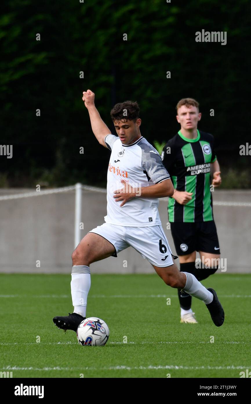 Swansea, Wales. 7. Oktober 2023. Kai Ludvigsen von Swansea City in Aktion während des Premier League Cup Spiels zwischen Swansea City unter 21 und Brighton & Hove Albion unter 21 in der Swansea City Academy in Swansea, Wales, Großbritannien am 7. Oktober 2023. Quelle: Duncan Thomas/Majestic Media. Stockfoto