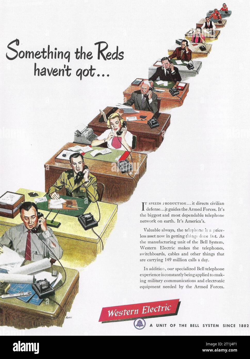 1959 Western Electric militärische Kommunikations- und Elektronikgeräte, die von Armed Forces Ad verwendet werden. "Etwas, das die Roten nicht haben..." Stockfoto