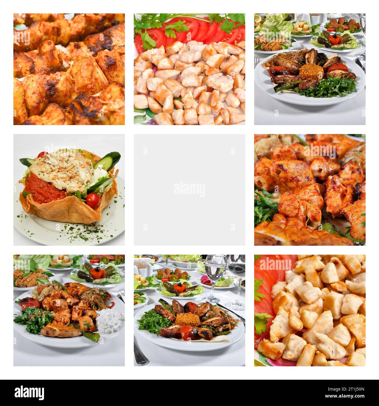 Broschüren- und Flyer-Arbeiten für türkische Hühnchenkebab-Restaurants, türkische Küche Hühnchenkebab-Sorten Collage, transparentes Kebab-Broschürendesign Stockfoto