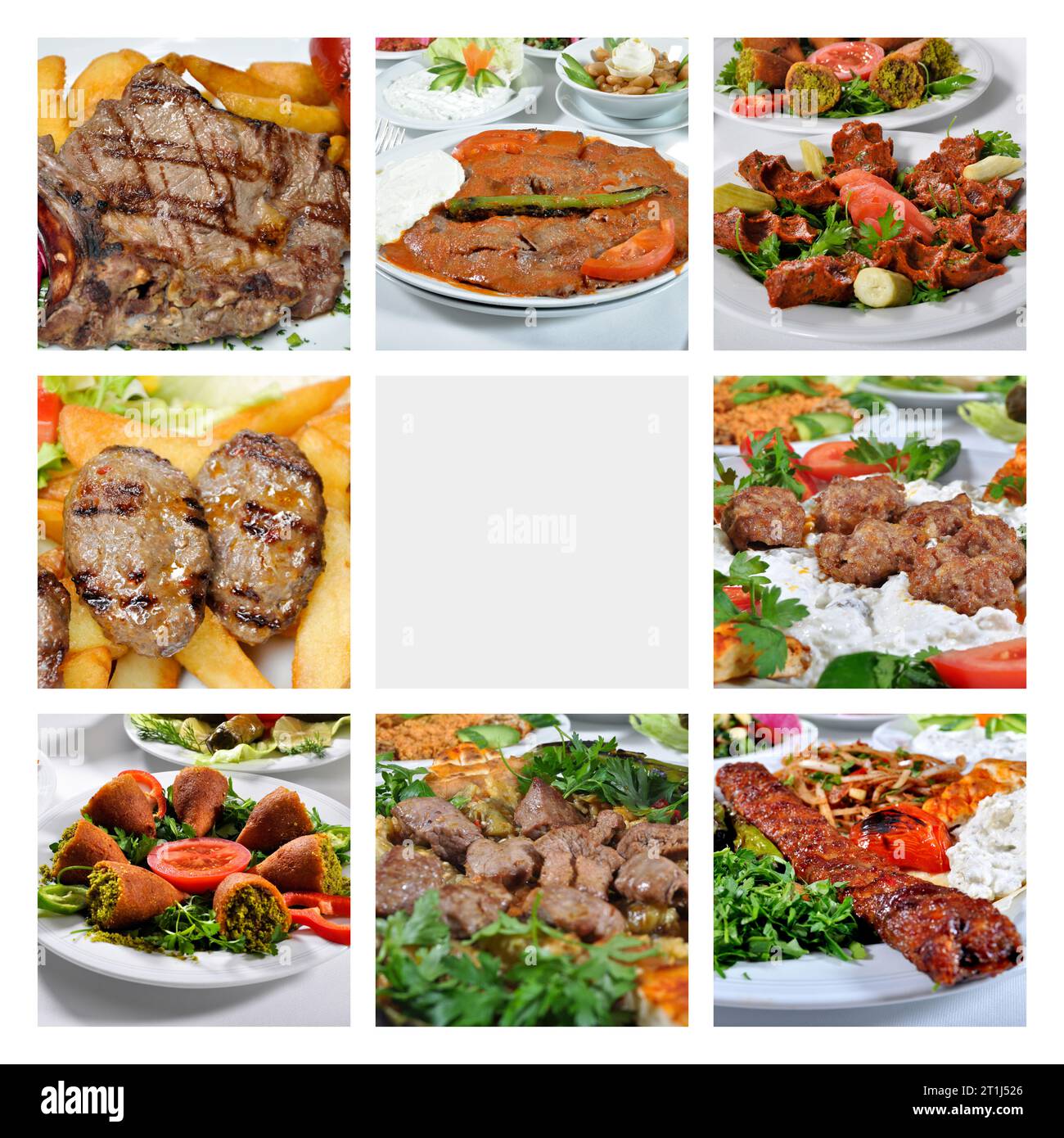 Broschüren- und Flyerarbeiten für türkische Kebab-Restaurants, türkische Küche Kebab-Sorten Collage, transparentes Kebab-Broschürendesign Stockfoto