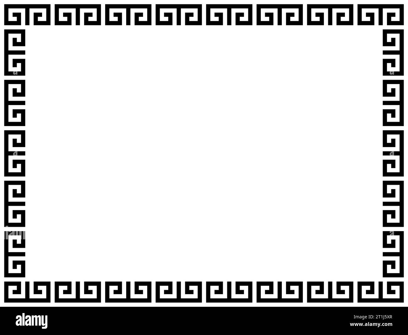 Griechische Rahmenornamente, Mäander. Quadratischer mäanderförmiger Rand aus einem wiederholten griechischen Motiv Vektor-Illustration auf weißem Hintergrund. Stockfoto