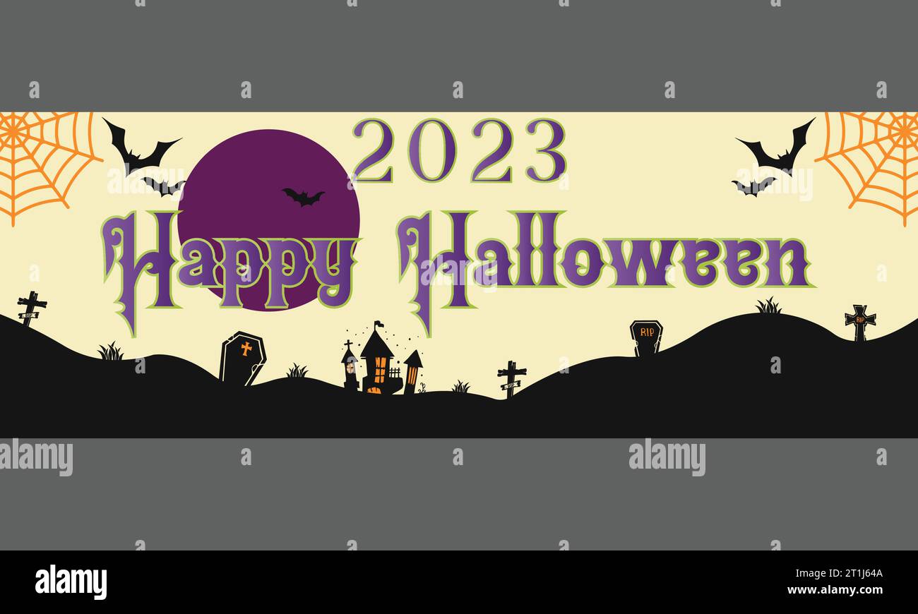 Happy Halloween 2023 Banner Label Design Fledermaus Spooky and Scary Halloween Grave Stock Vektor