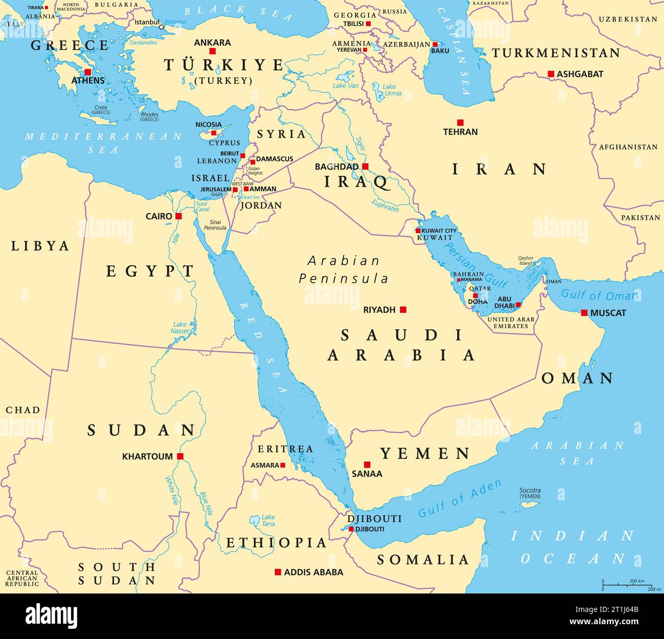 Der nahe Osten, politische Karte. Geopolitische Region, die die Arabische Halbinsel, die Levante, die Türkei, Ägypten, den Iran und den Irak umfasst. Naher Osten. Stockfoto