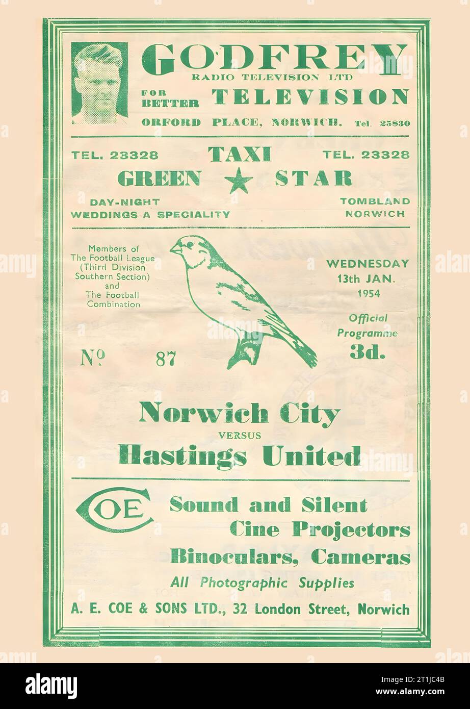 1953/54 FA Cup 3. Runde Replay Programm, Norwich City gegen Hastings United Stockfoto