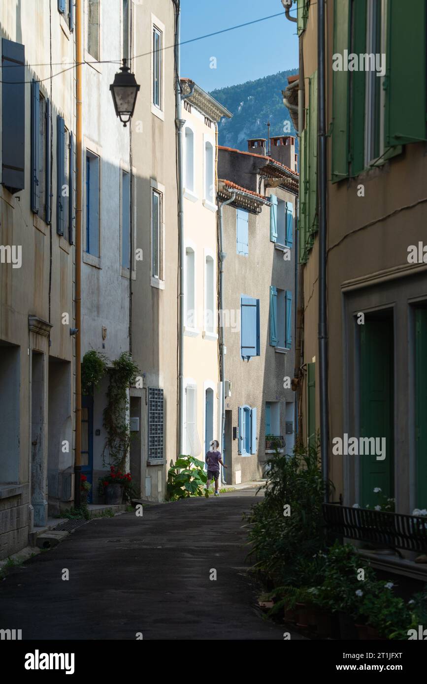 Häuser mit verschlossenen Fenstern in der Stadt Quillan, Aude. Stockfoto