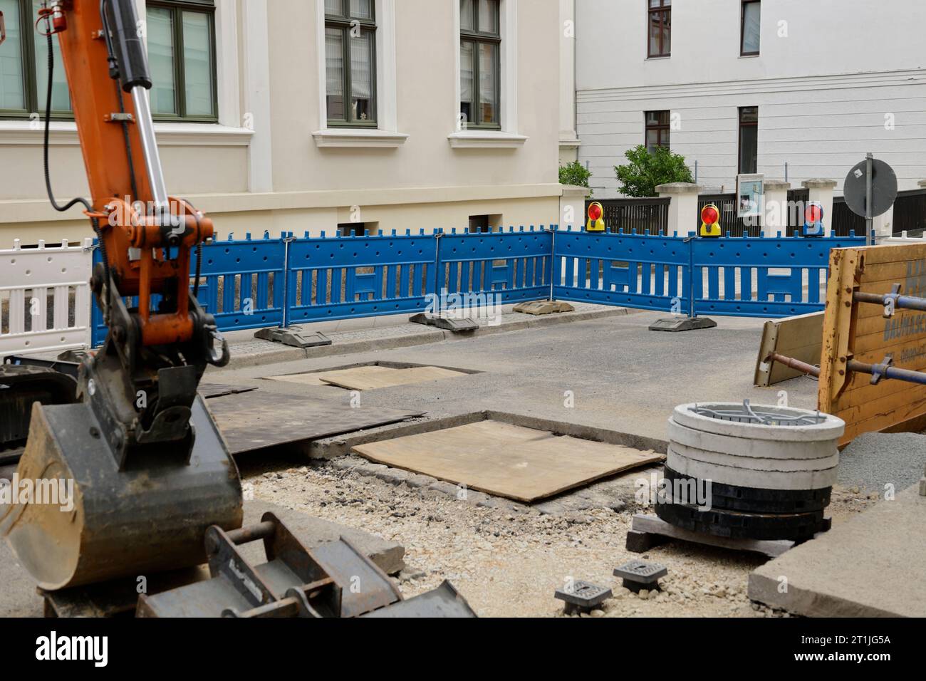 Straßenbaustelle in der Stadt Görlitz in Sachsen Stockfoto