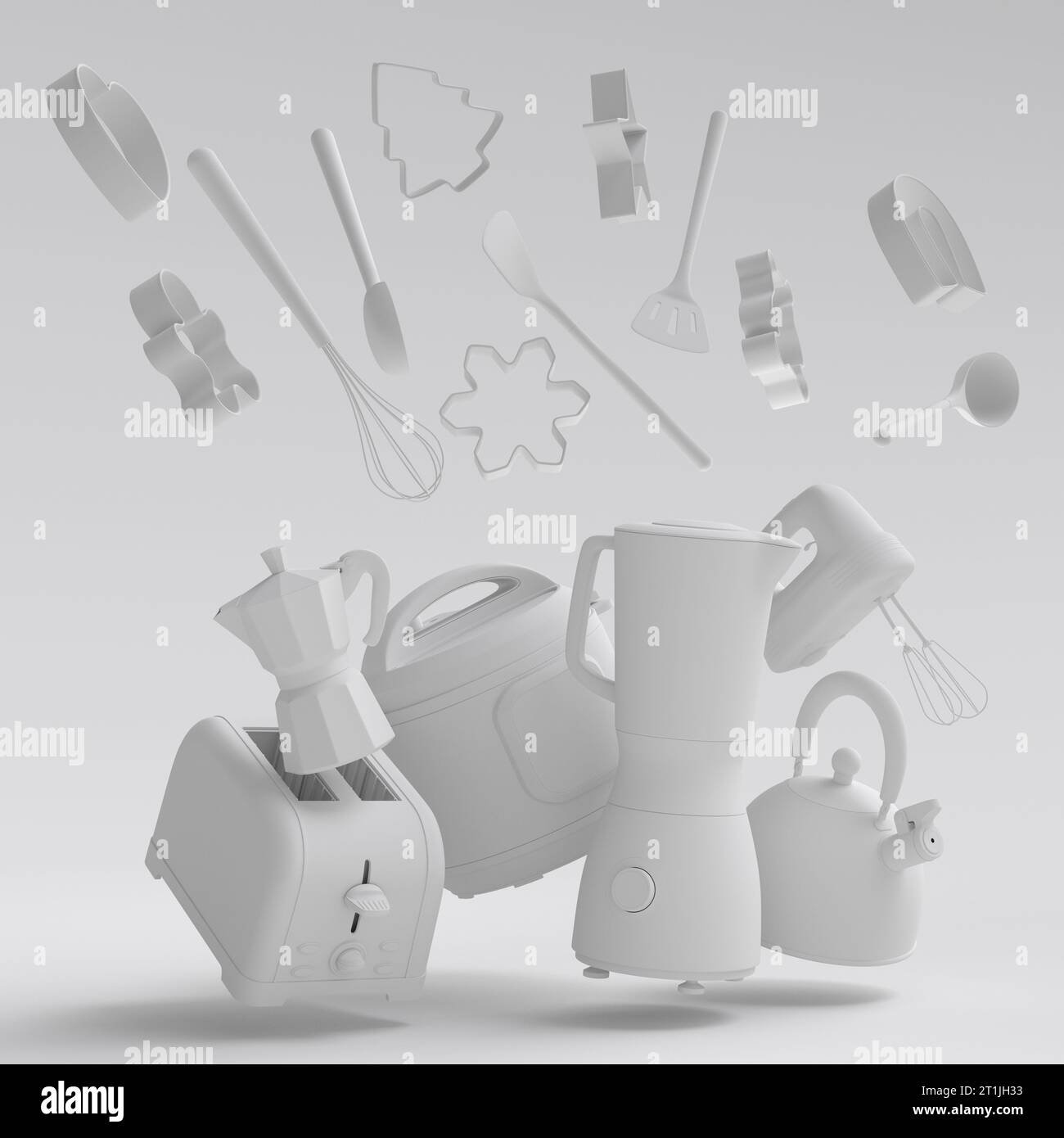 Espressomaschine, Handmixer, Wasserkocher und Toaster für die Zubereitung des Frühstücks auf monochromem Hintergrund. 3D Render der Kaffeeanne für die Herstellung von Latte Stockfoto