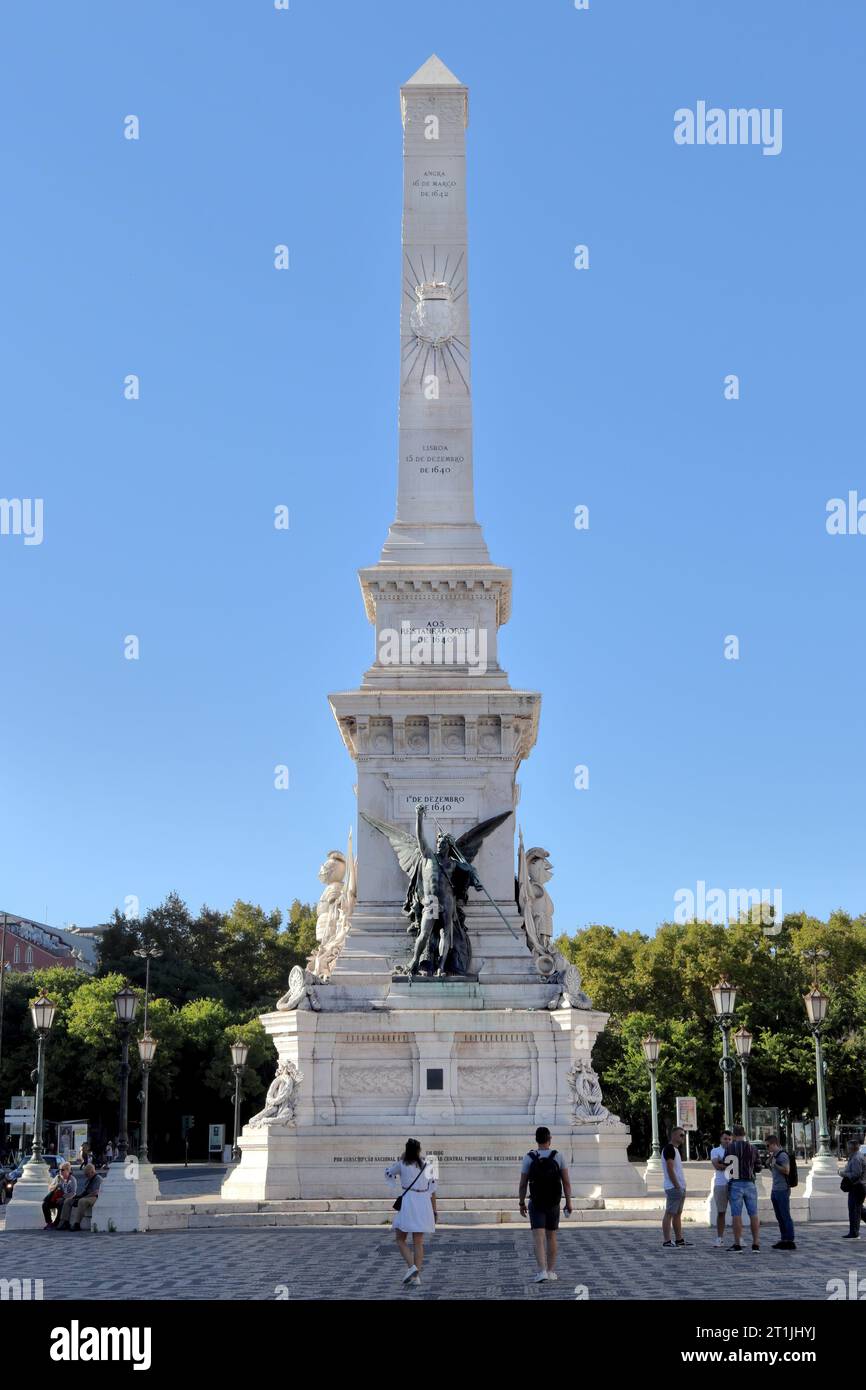 Das Denkmal für die Restauratoren auf dem Platz Restauradores erinnert an den Sieg des portugiesischen Restaurierungskrieges Stockfoto