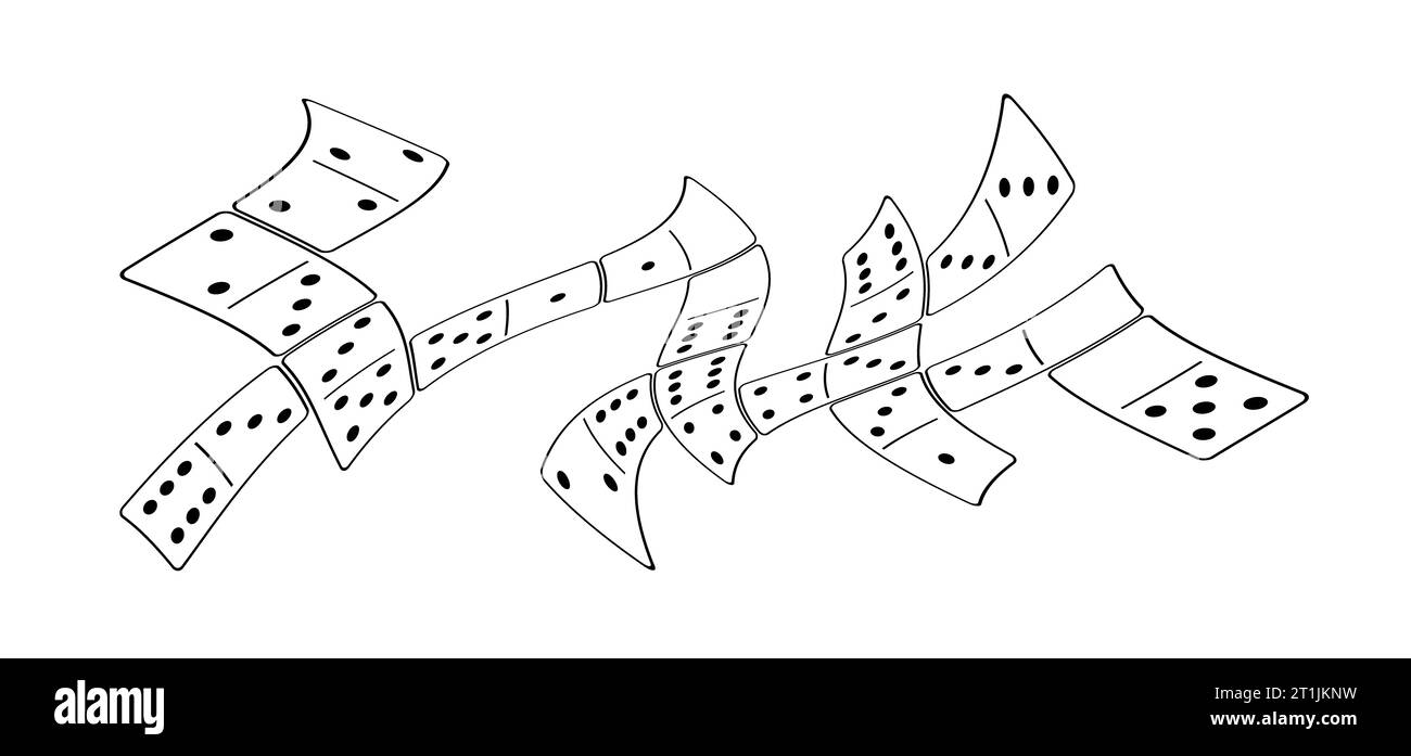 Cartoon Domino Fliesen. Klassische Dominos, Dominos Piktogramm. Spielen, Teile des Spiels voller Knochen. Schwarz, weiß Domino. Flacher Vektorsatz. 28 Stück. Stockfoto