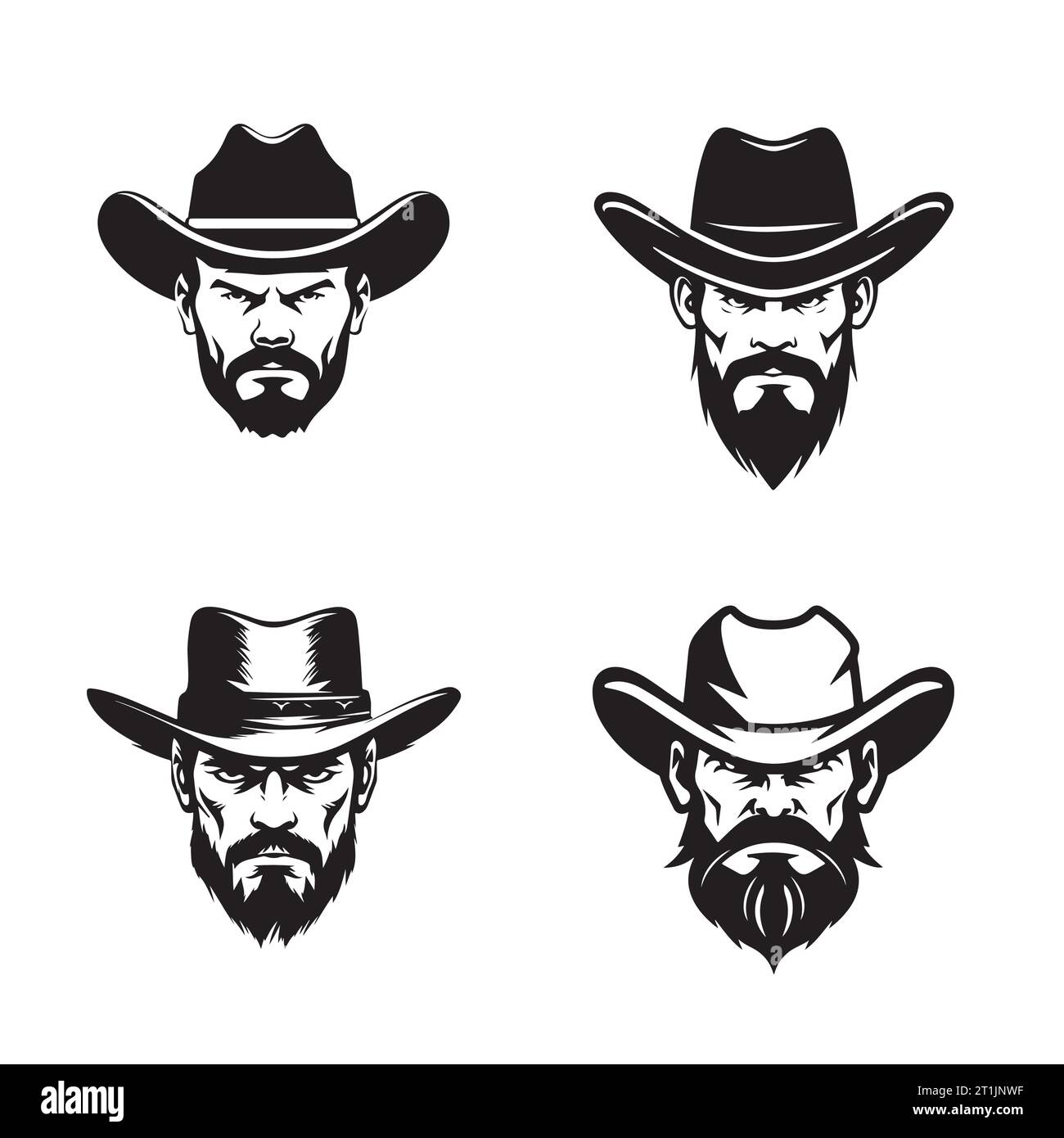 Cowboy-Embleme Set Silhouette handgezeichnet. Symbole und Zeichen , Vektorillustration Stock Vektor