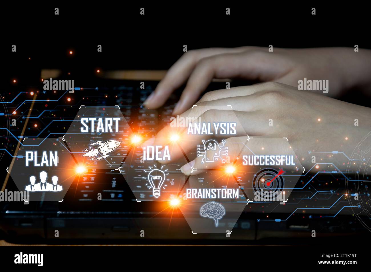 Konzepte von Technologie und Menschen, die KI für die Arbeit, das Lernen von KI und künstliche Intelligenz nutzen. Stockfoto