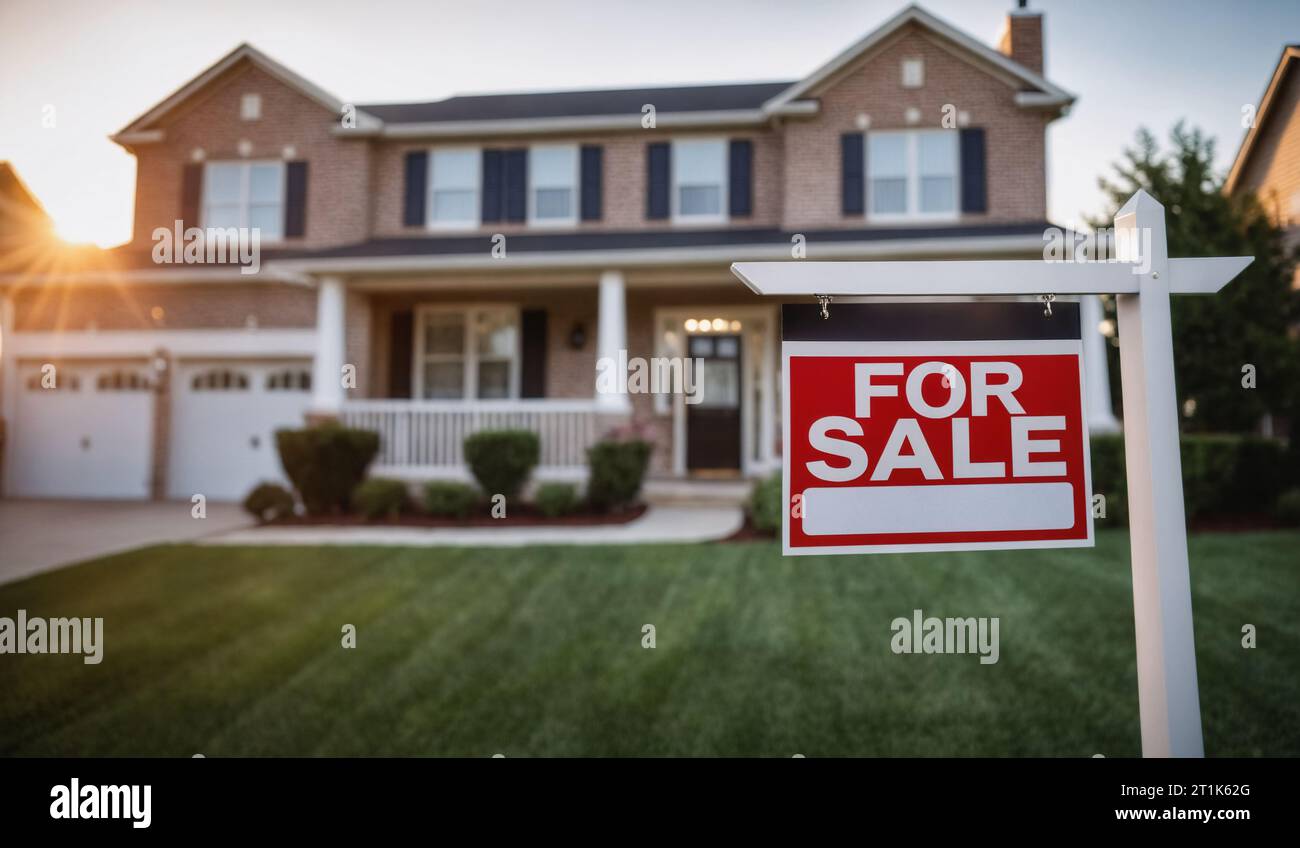 Ein rotes „zum Verkauf“-Schild in einem grasbewachsenen Hof vor einem großen Haus. Stockfoto