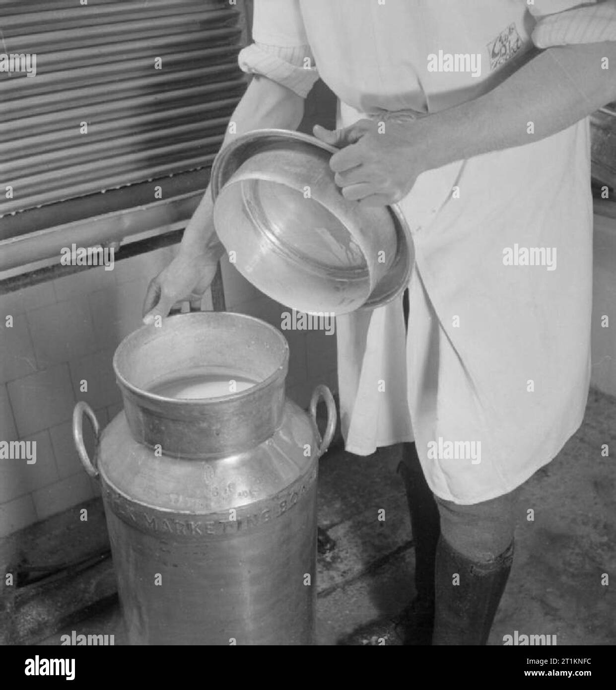 Die Milcherzeugung - Milchwirtschaft in Kriegszeiten, Norfolk, England, Großbritannien, 1944 eine Nahaufnahme eines 10 Liter Milchkanne, wie die Eng anliegende Deckel wird von einem käser bei einer Molkerei in Norfolk. Diese Milch wird in Kürze an die lokale Stadt transportiert werden. Stockfoto