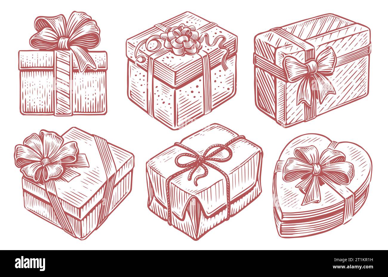 Set mit Weihnachtsgeschenken, Weihnachtsgeschenkboxen mit Bändern, Neujahrsgeschenke. Vektorillustration für Vintage-Skizzen Stock Vektor