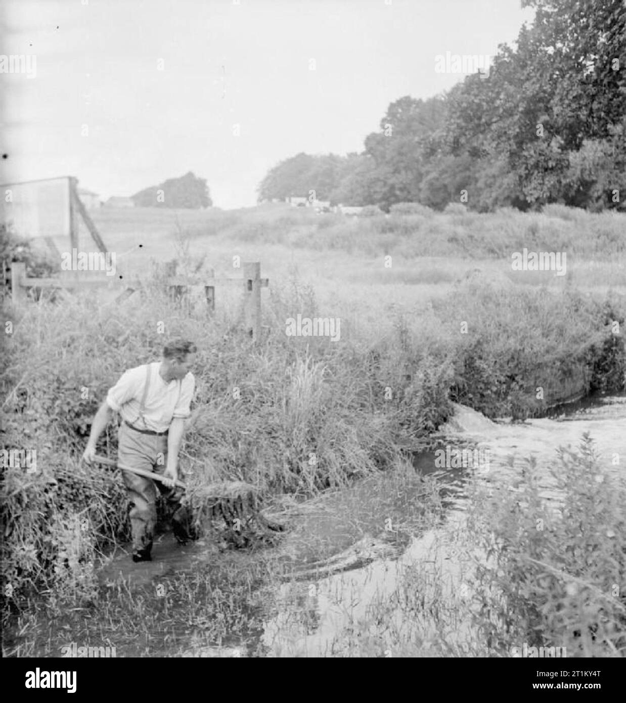 Britische Kanäle in Kriegszeiten - Verkehr in Großbritannien, 1944 Waterman Bill Herr löscht eine Zuführung stream des Grand Union Canal. Die Ursprüngliche Bildunterschrift erklärt, dass es gibt spezielle Einzugsgebiet entlang des Kanals, um Wasserstände, die durch Boote aufsteigend und absteigend Schlösser betroffen sind: "Jedes Paar der Boote nach oben oder unten verwendet eine Sperre von Wasser (5.600 Gallonen)". Stockfoto