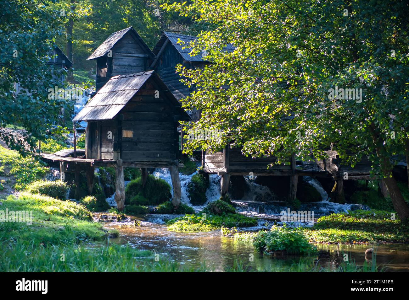Wassermühlen in Pliva Lakes in Jajce, Bosnien und Herzegowina Stockfoto