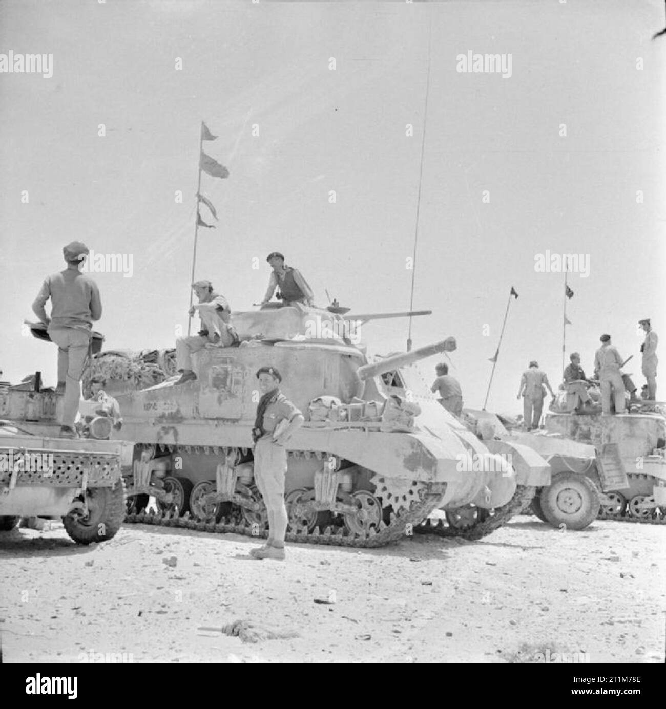 Der britischen Armee in Nordafrika 1942 Grant Tanks und Scout Autos eine gepanzerte Brigade Headquarters in der Westlichen Wüste, 31. Mai 1942. Stockfoto