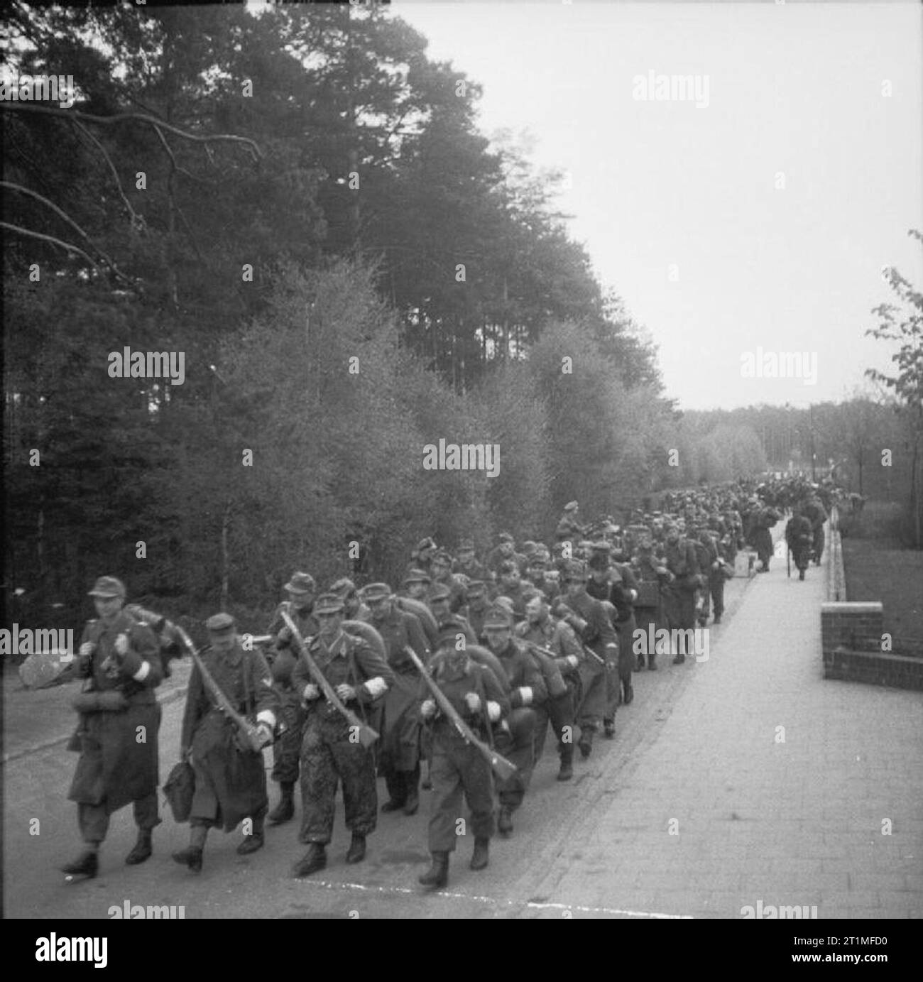 Die Befreiung der Konzentrationslager Bergen Belsen, April 1945 Deutsche Wehrmacht Truppen verlassen das Camp zurück zu den deutschen Linien nach der vorübergehenden Waffenstillstand zu embus zwischen deutschen und britischen Streitkräfte am 12. April 1945 vereinbart. Stockfoto