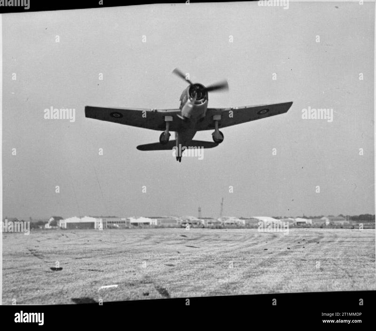 Die Royal Navy während des Zweiten Weltkriegs ein Royal Navy Grumman Hellcat Federn in der Luft an der Roosevelt Field, Long Island, New York. Neueste Jagdflugzeug der US Navy, die hellcat wird nun von der Britischen Fleet Air Arm unter den Bedingungen des Mietvertrages genutzt - Abkommen verleihen. Stockfoto