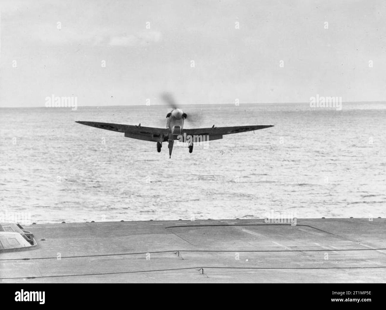 Fleet Air Arm Versuche, an Bord der HMS Victorious. 23. - 25. September 1942. Ein seafire über auf dem Flugdeck zu landen. Stockfoto