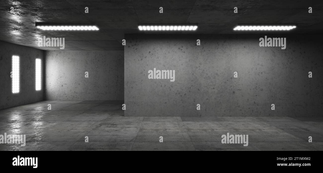 Flutlicht. Futuristischer Hintergrund. Tunnel. Technologischer Hintergrund. Hangar. Garage. Futuristischer Korridor. Ausstellungsraum. Metall. LED-Leuchten. 3D-Rendering Stockfoto